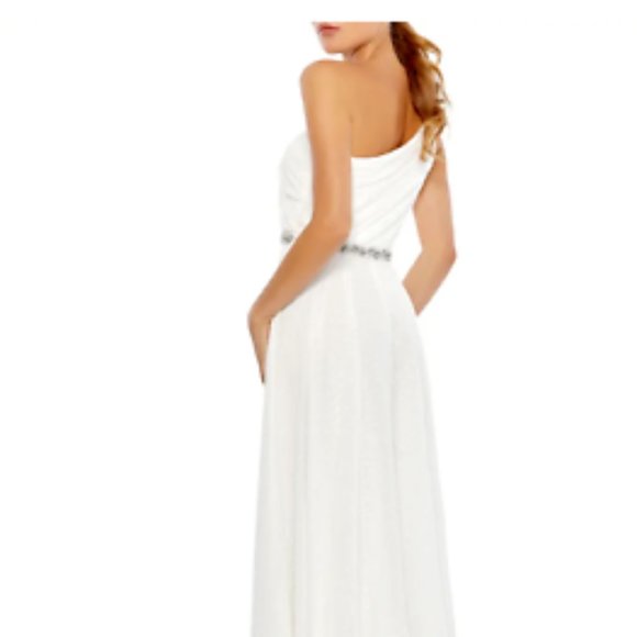 MAC DUGGAL ROSETTE APPLIQUE ONE SHOULDER CHIFFON WHITE GOWN sz 12 - Picture 4 of 6